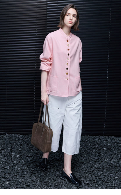 Pink relaxed linen-blend jacket with mixed buttons and rounded patch pockets