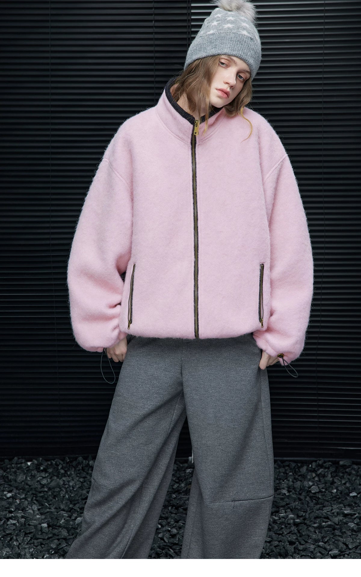 Front view of a Pink brushed wool-blend zip jacket with stand collar, zip pockets, and drawcord cuffs