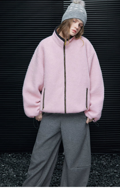 Front view of a Pink brushed wool-blend zip jacket with stand collar, zip pockets, and drawcord cuffs