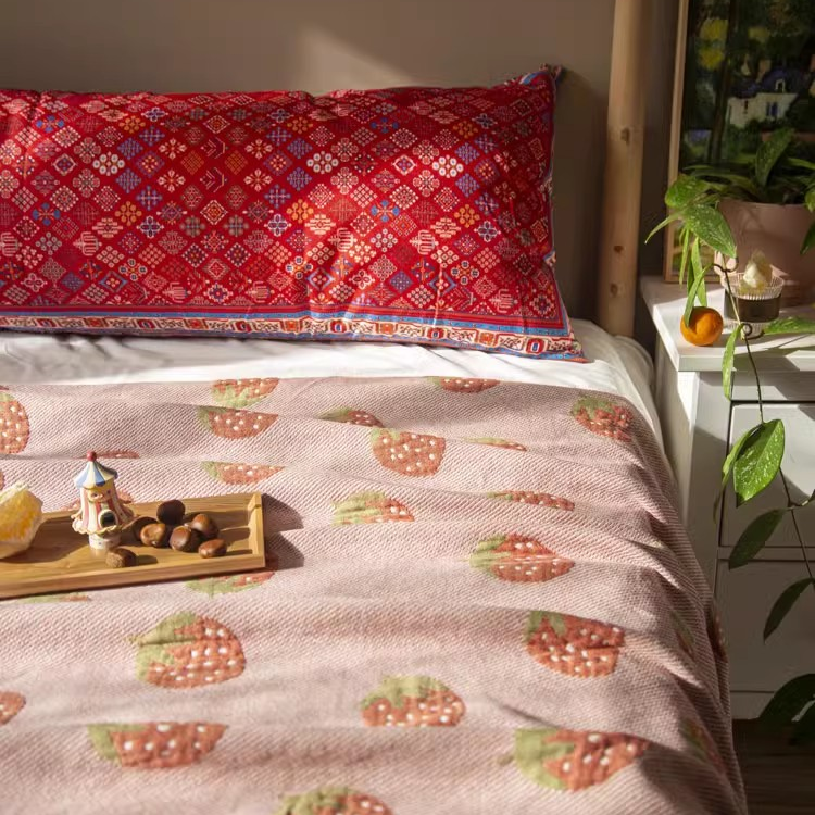 Playful Pals Cotton Gauze Quilted Blanket Strawberry spread across a bedroom bed with decorative red patterned pillows