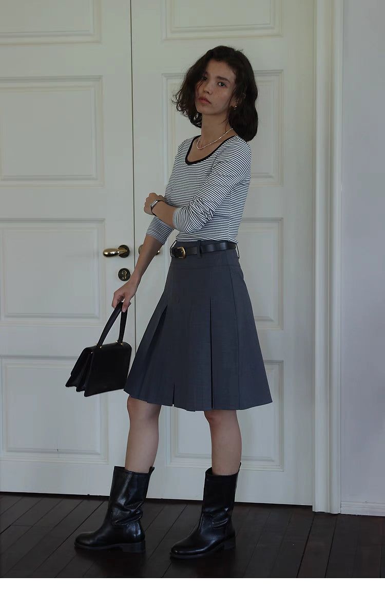 Pleated Chic Skirt gray full body outfit styled with boots and belt, showcasing versatile casual to dressy styling