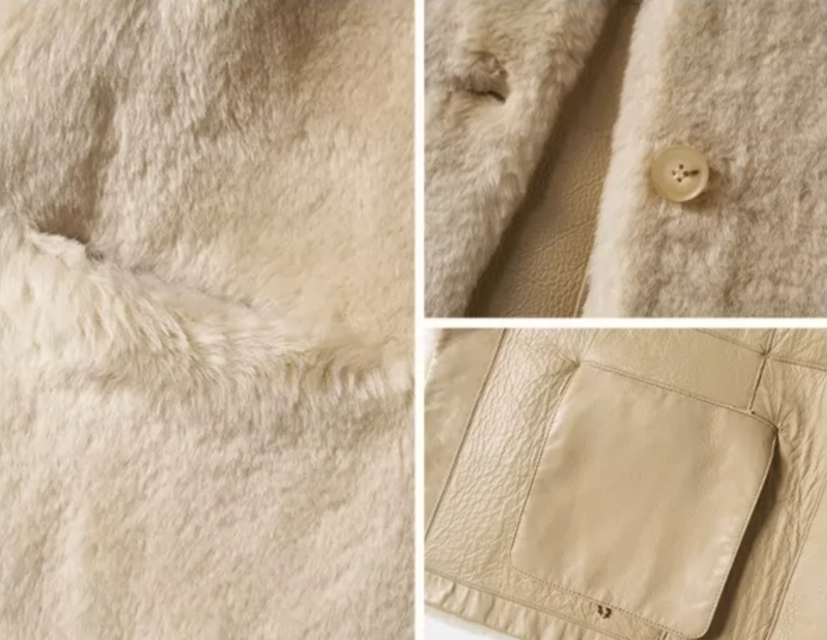 Detail of dense oat shearling pile, button front and smooth leather inside with patch pocket