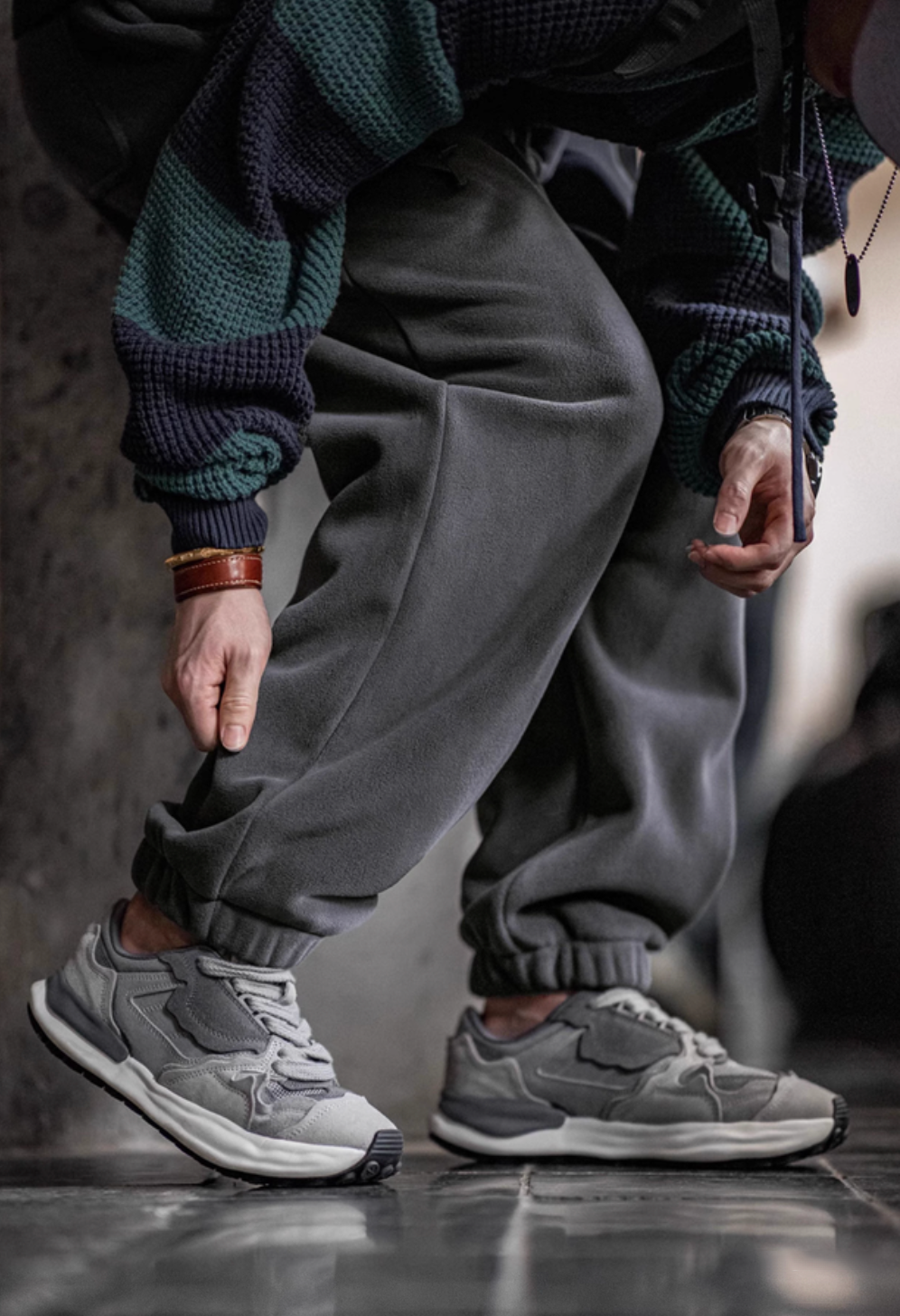 Lead Gray Plush Relax Joggers styled casually with sneakers highlighting soft fleece fabric and comfortable fit