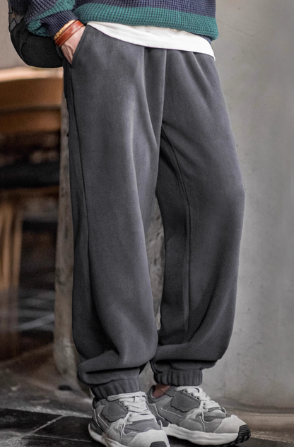 Plush Relax Joggers in Lead Gray worn front view featuring relaxed fit tapered leg and elastic cuff styling