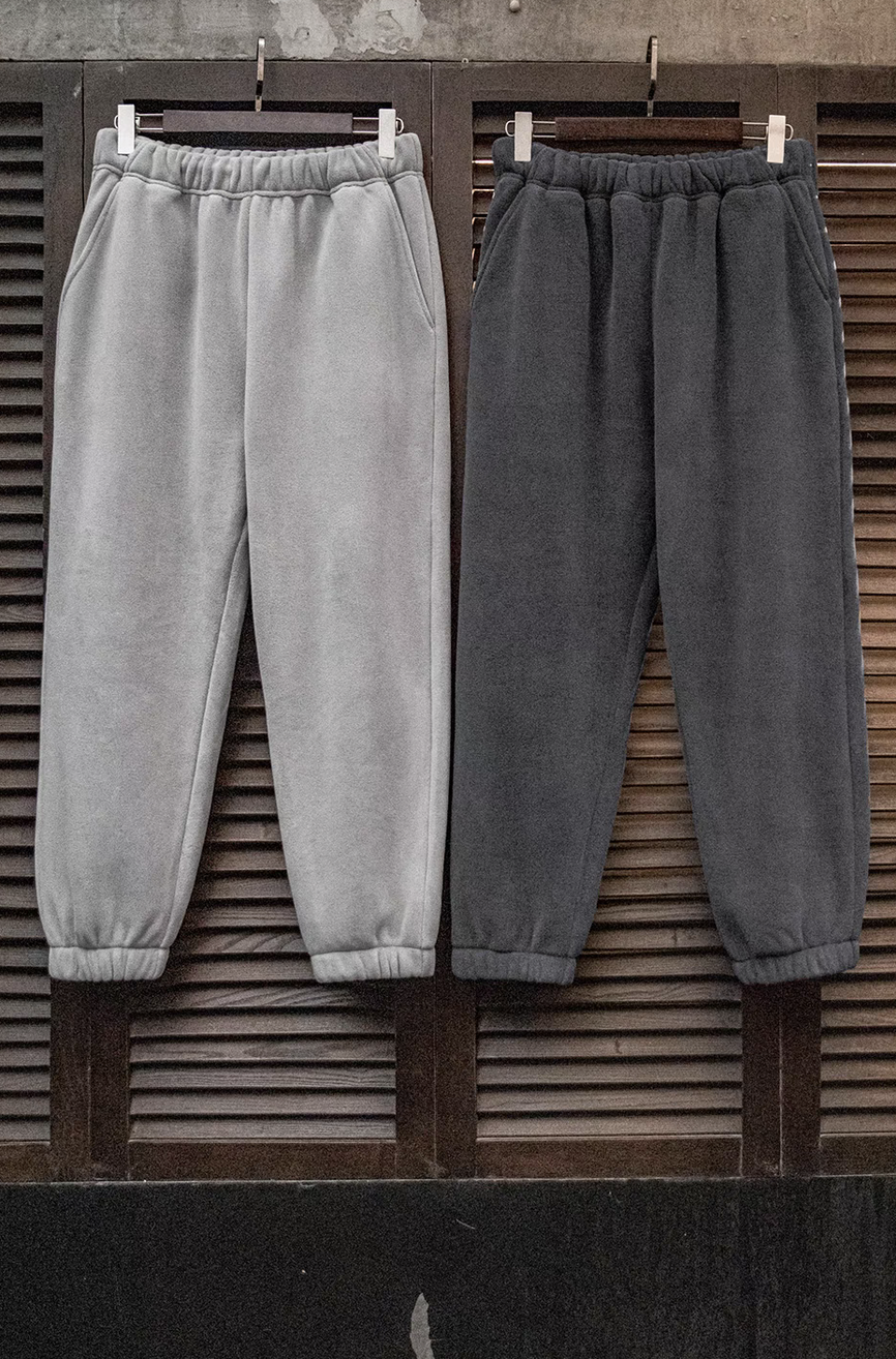 Plush Relax Joggers in Tin Gray and Lead Gray front view showing relaxed fit fleece sweatpants with elastic cuffs and waistband