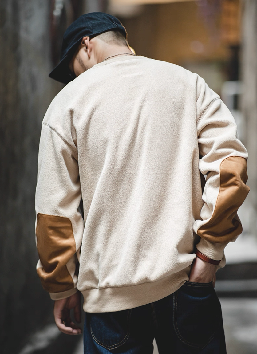 Back view of Cream Beige Fleece Sweatshirt showing elbow patches