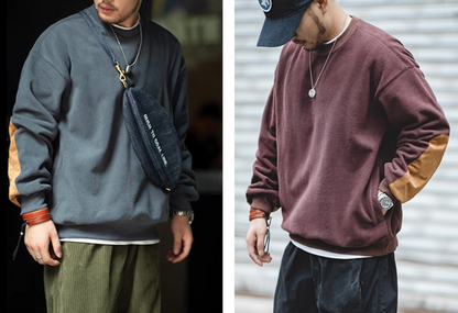 Slate Blue and Wine Red colorblock fleece sweatshirts lifestyle shot