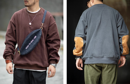 Slate Blue and Wine Red fleece sweatshirts side-by-side styling shot