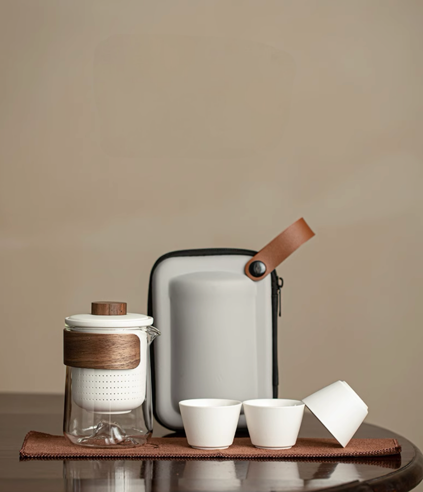 White portable outdoor travel tea set with glass teapot cups and carrying case