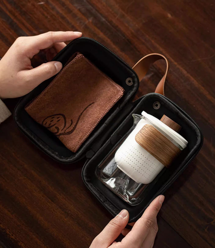 White portable outdoor travel tea set stored inside compact carrying case top view