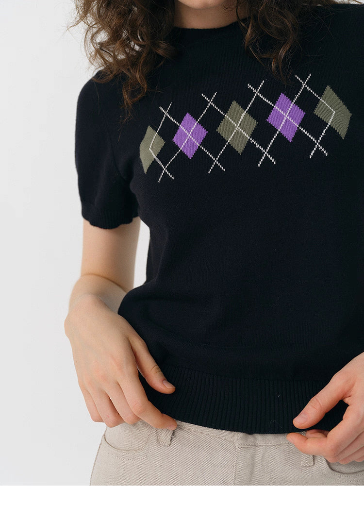 Close-up of black argyle knit tee showing purple and olive chest pattern.