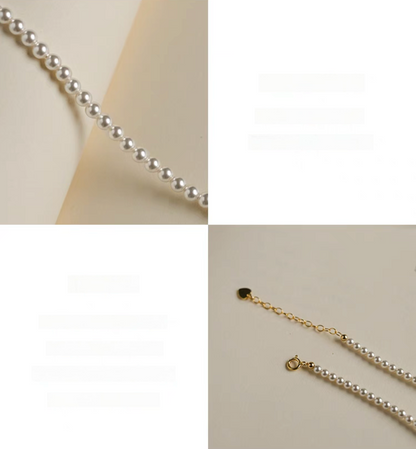 Detail collage of Radiant Round Pearl Necklace showing round pearl texture and clasp in natural color