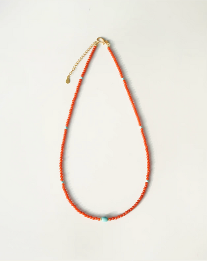 Radiant Sunset Turquoise Choker full view showing red agate bead strand with turquoise accent and gold-plated extension chain