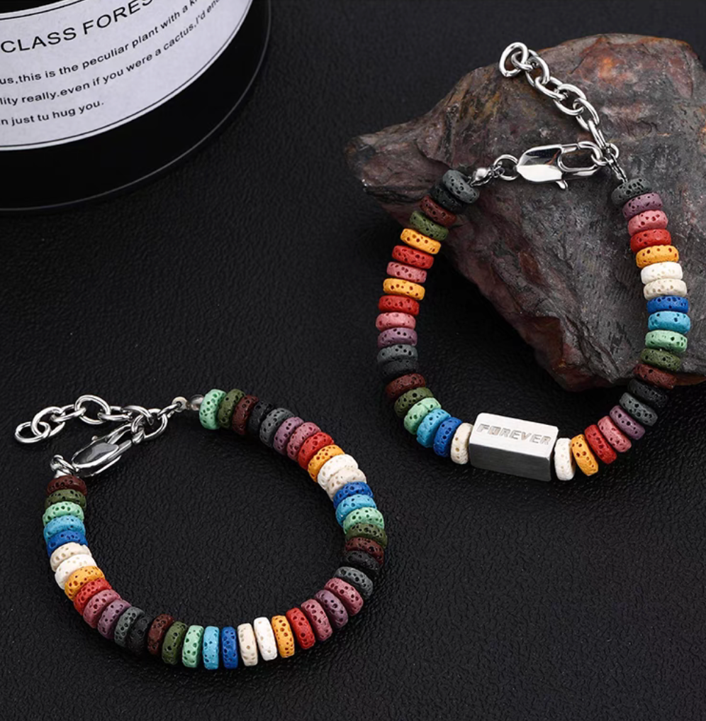 Rainbow volcanic lava stone bracelets set featuring plain bead and square bead styles with multicolor beads and titanium steel clasp