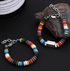Rainbow volcanic lava stone bracelets set featuring plain bead and square bead styles with multicolor beads and titanium steel clasp