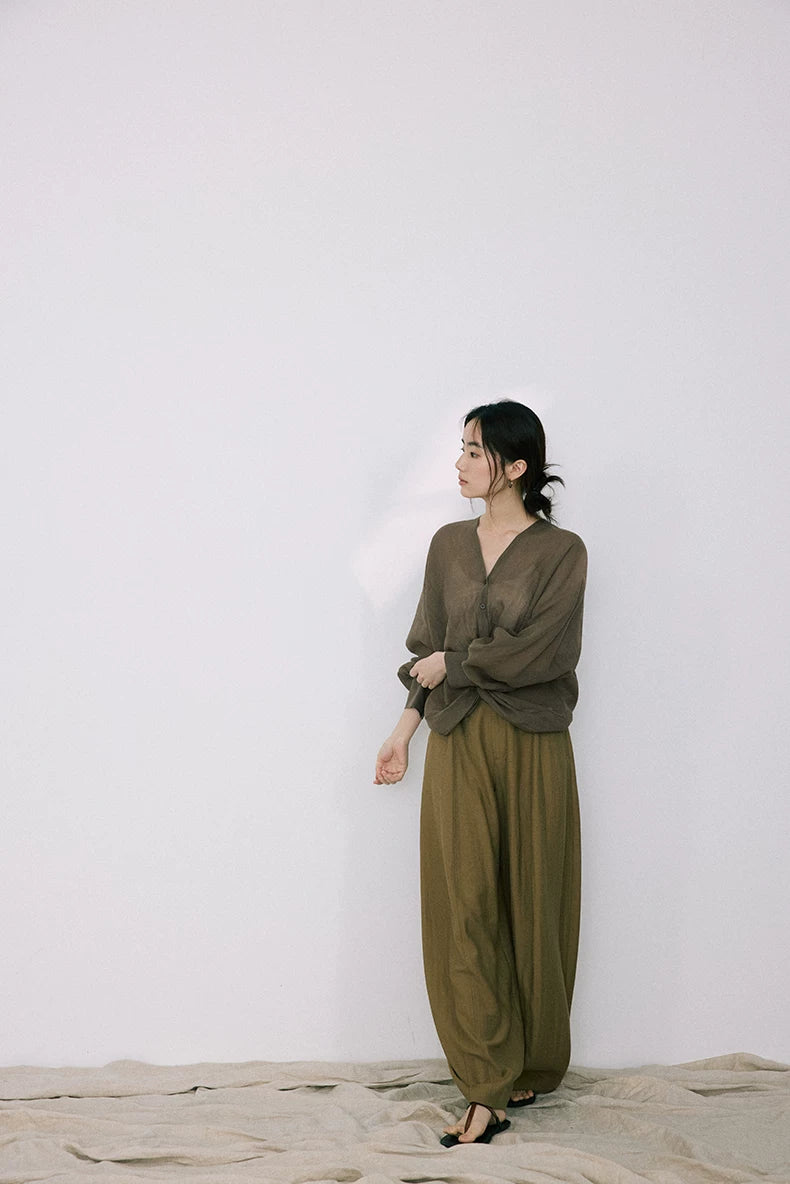 Full outfit view of olive green ramie-Tencel blouse and trousers
