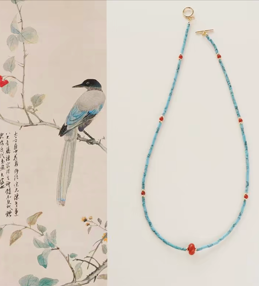 Red agate drop turquoise seed bead strand necklace with natural turquoise beads and central red agate pendant shown in artistic and full product view