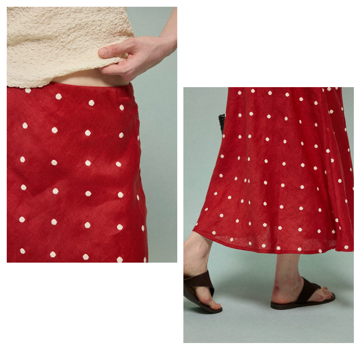 Close-up of a red linen skirt&