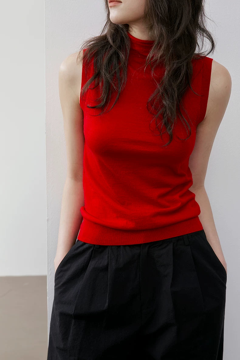 Front torso view of Red slim-fit sleeveless wool knit top with ribbed hem