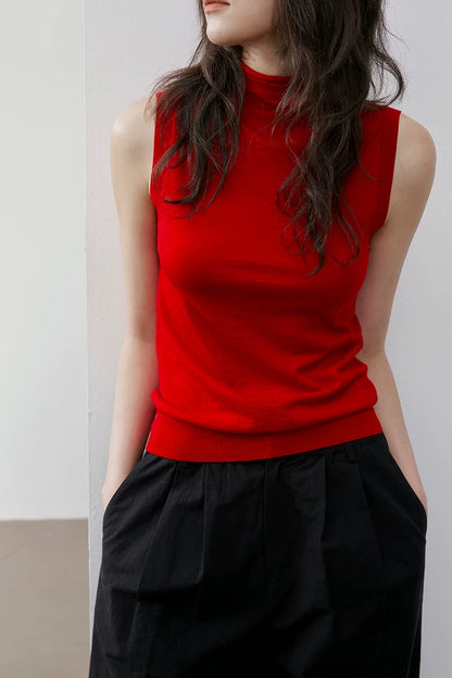 Front torso view of Red slim-fit sleeveless wool knit top with ribbed hem