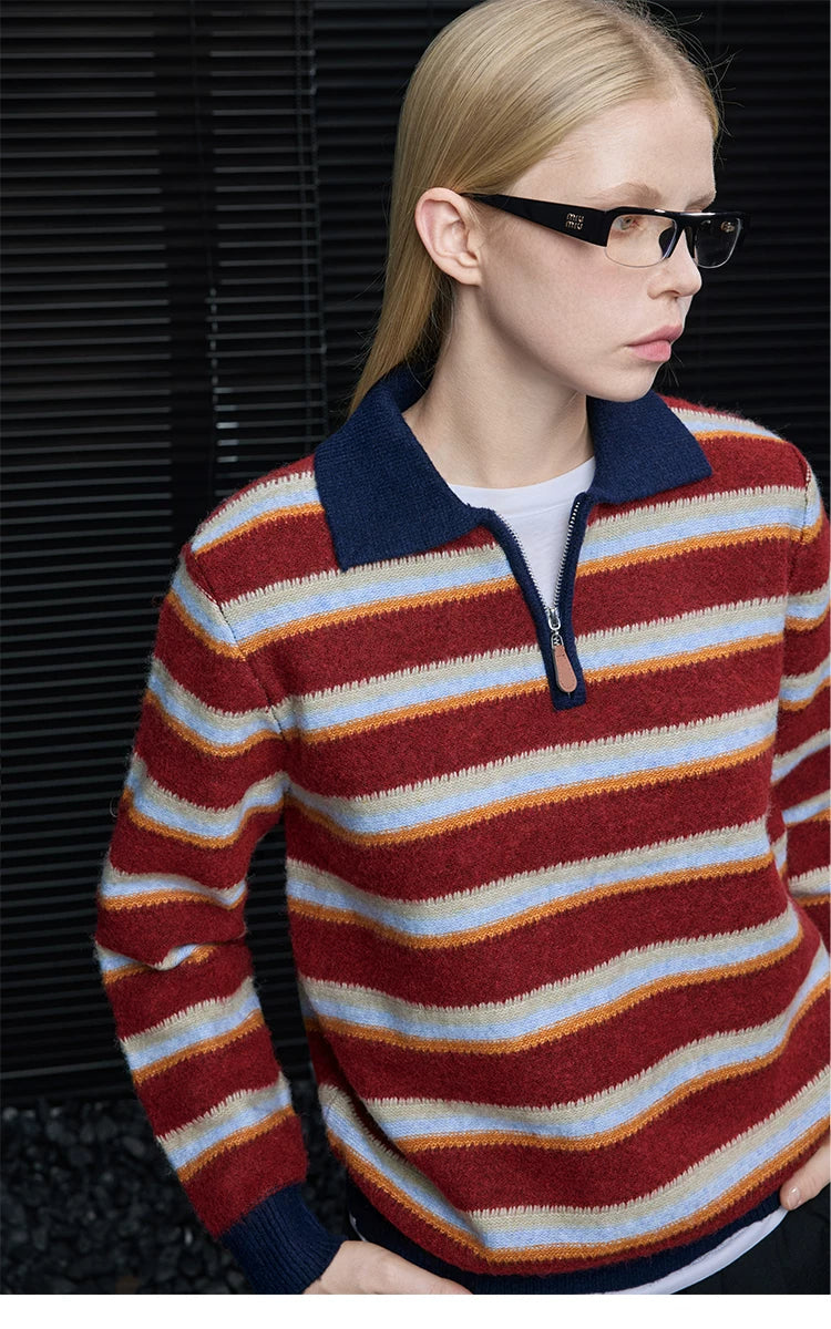 Three-quarter view of Red Stripe polo sweater showing navy collar, half-zip placket and tan zipper pull