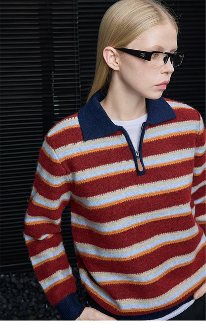 Three-quarter view of Red Stripe polo sweater showing navy collar, half-zip placket and tan zipper pull