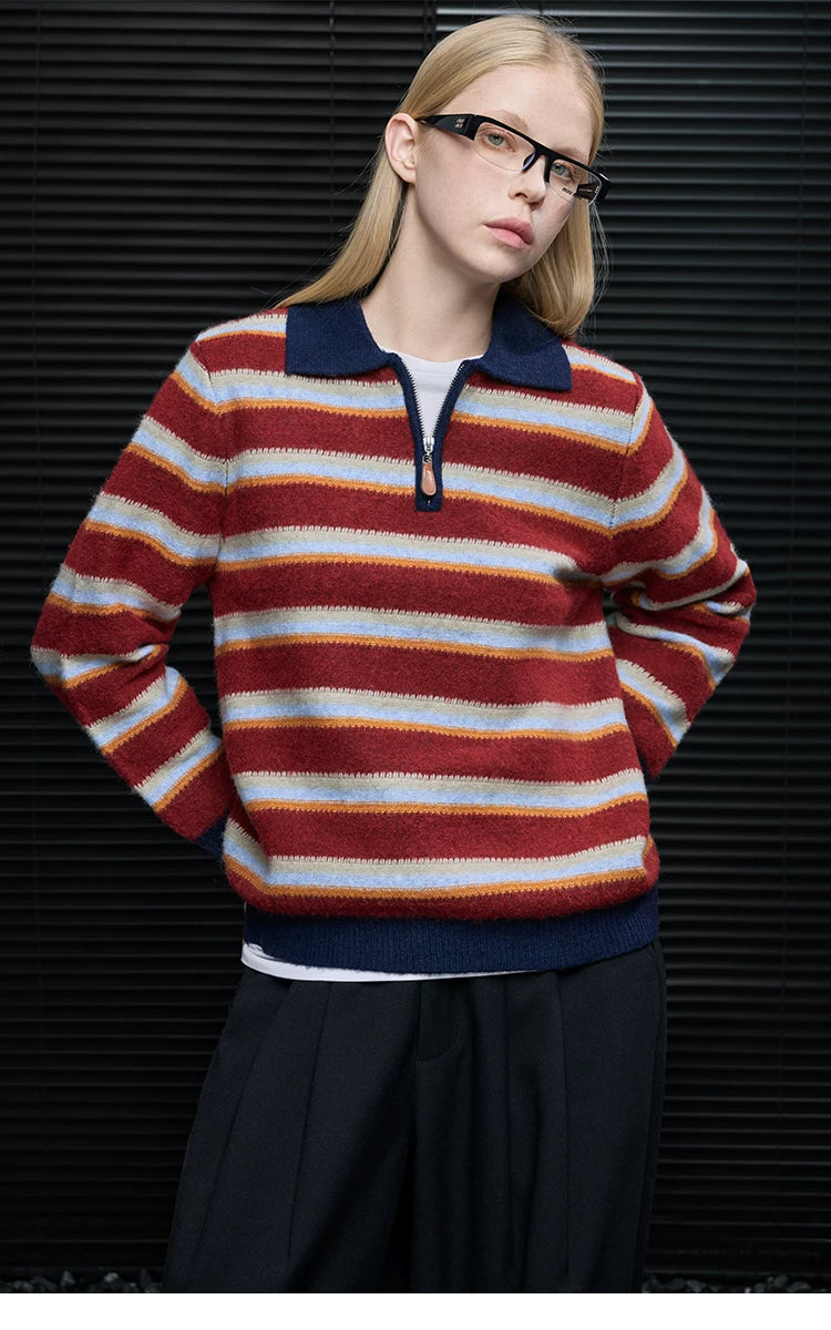 Woman wearing Red Stripe half-zip polo sweater with navy collar and ribbed hem, front view