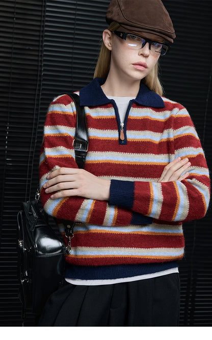 Red Stripe half-zip polo sweater styled with a brown cap and black shoulder bag, arms crossed