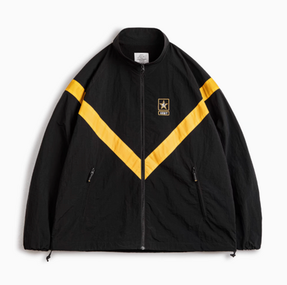Reflective V-Stripe Tactical Zip Jacket with Army Star Patch in Black front view showing reflective V-shaped stripes, front zip closure and side zip pockets