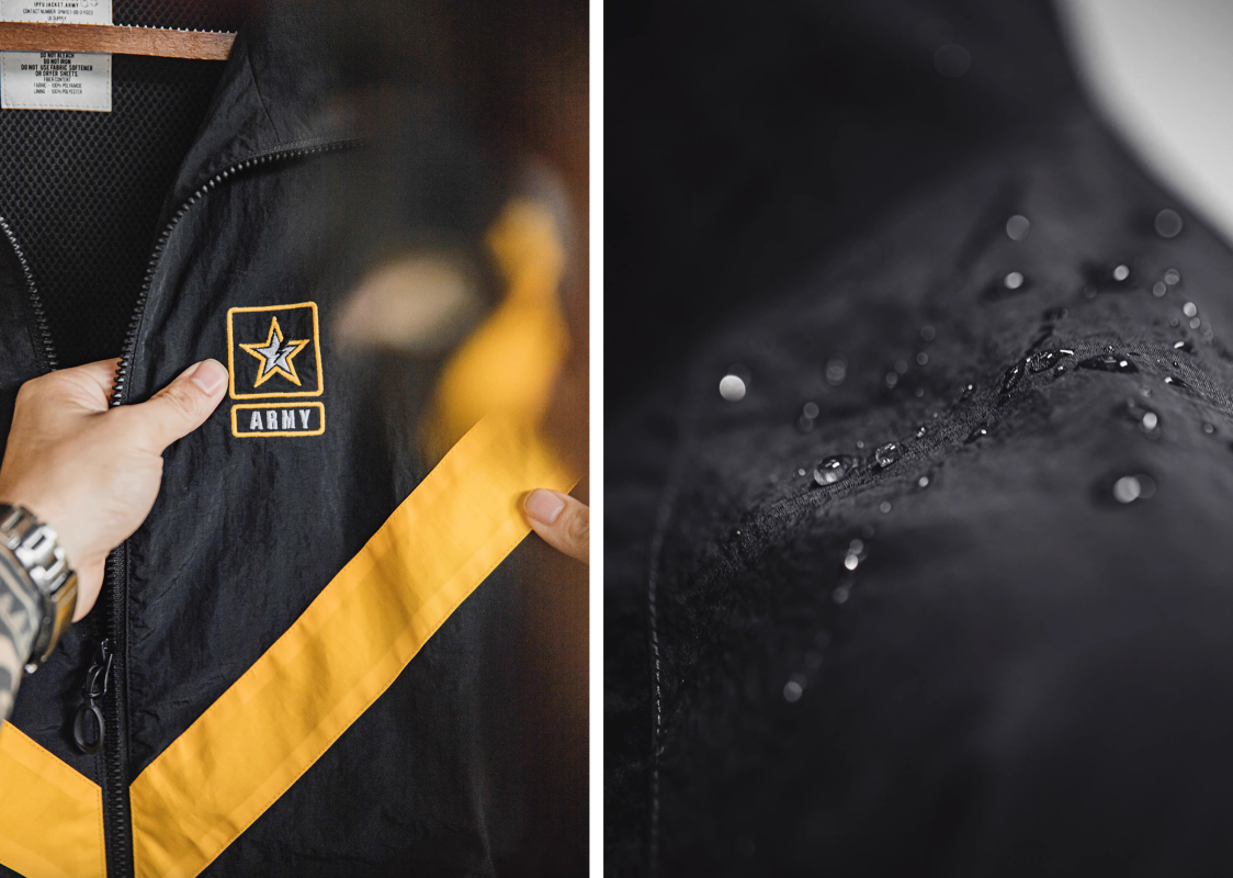 Detail collage of Black Reflective V-Stripe Tactical Zip Jacket showing the embroidered Army Star patch and water-resistant fabric with visible water droplets