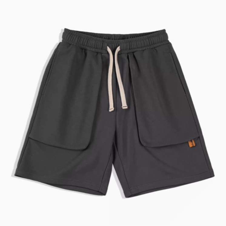 Relaxed Fit Utility Shorts with Deep Pocket Design dark gray front view featuring elastic waistband and large pockets