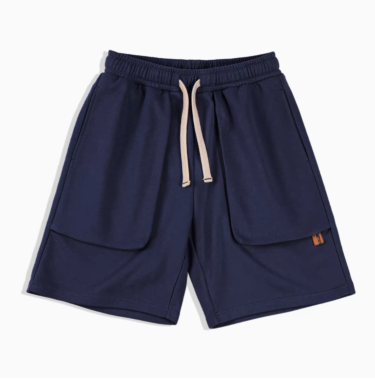 Relaxed Fit Utility Shorts with Deep Pocket Design navy blue front view with drawstring waist and deep pockets