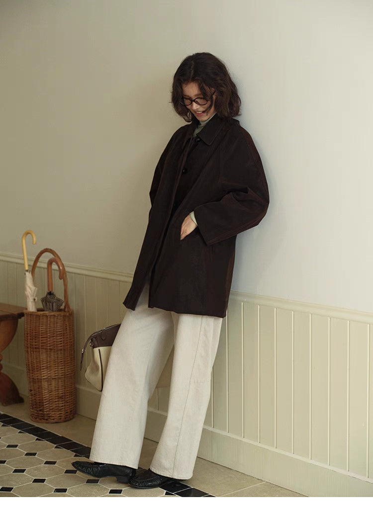 Retro Elegance Oversized Coat in Chocolate Brown front full body view styled with wide leg pants showing relaxed oversized silhouette