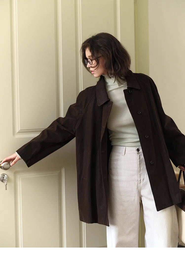 Chocolate Brown Retro Elegance Oversized Coat front mid length view worn open over turtleneck showing casual layered outfit