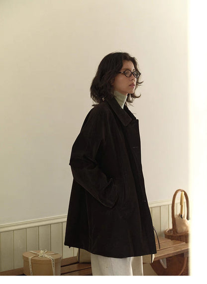 Chocolate Brown Retro Elegance Oversized Coat side profile view showing loose fit and mid length silhouette