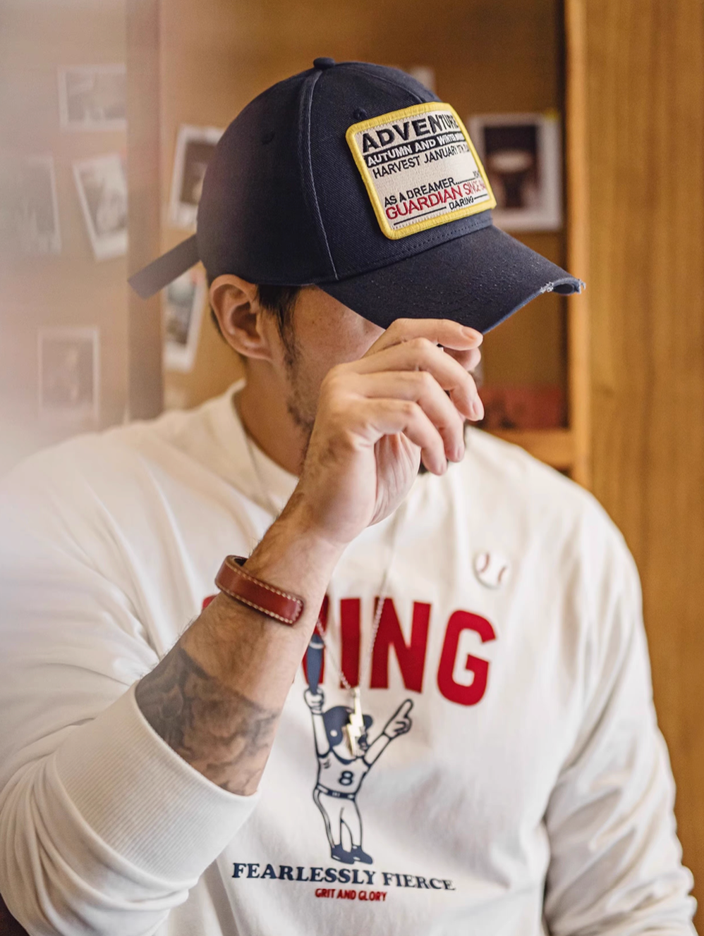Retro Explorer Cap dark blue worn indoors highlighting bold front patch cotton twill fabric and relaxed everyday styling