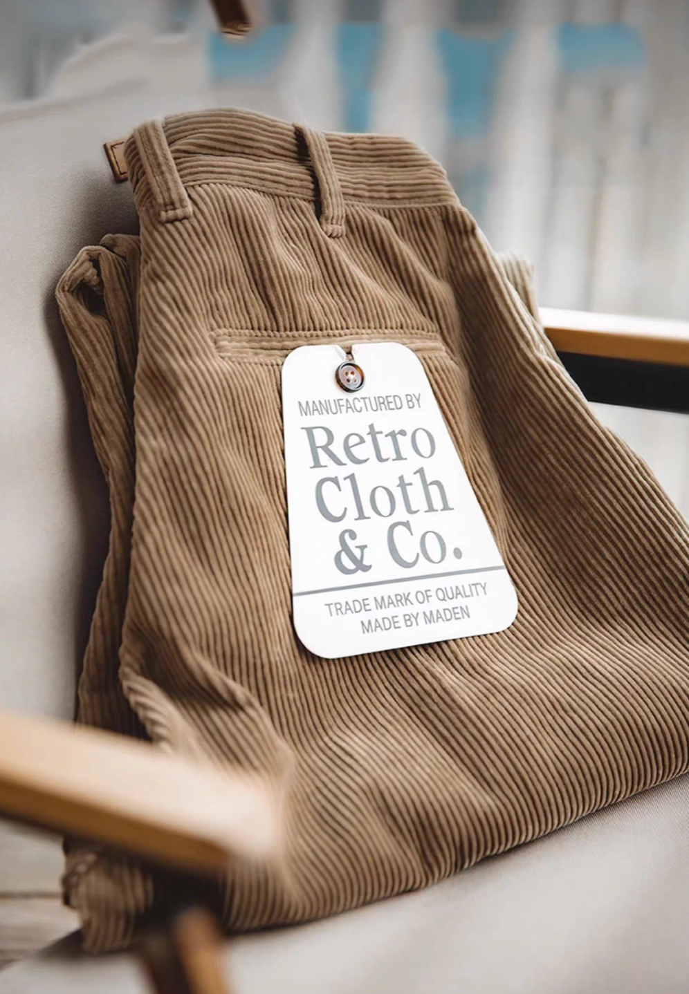 Folded Retro Grove Cord Pants in Khaki showcasing soft corduroy texture, structured waistband, and premium fabric detail