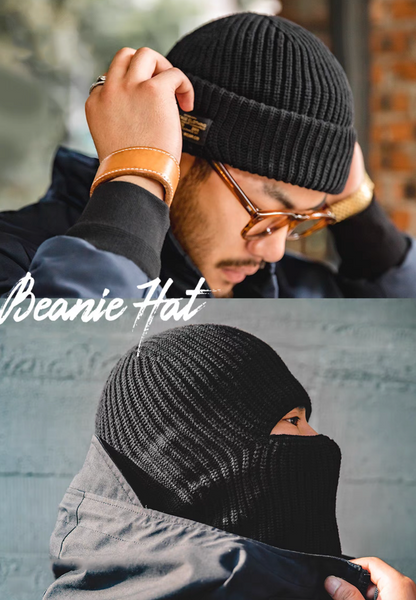 Black Retro Knit Beanie styling collage showing everyday wear and face cover styling highlighting versatility and warmth