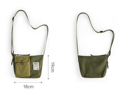 Size reference diagram showing width and height measurements of crossbody bag