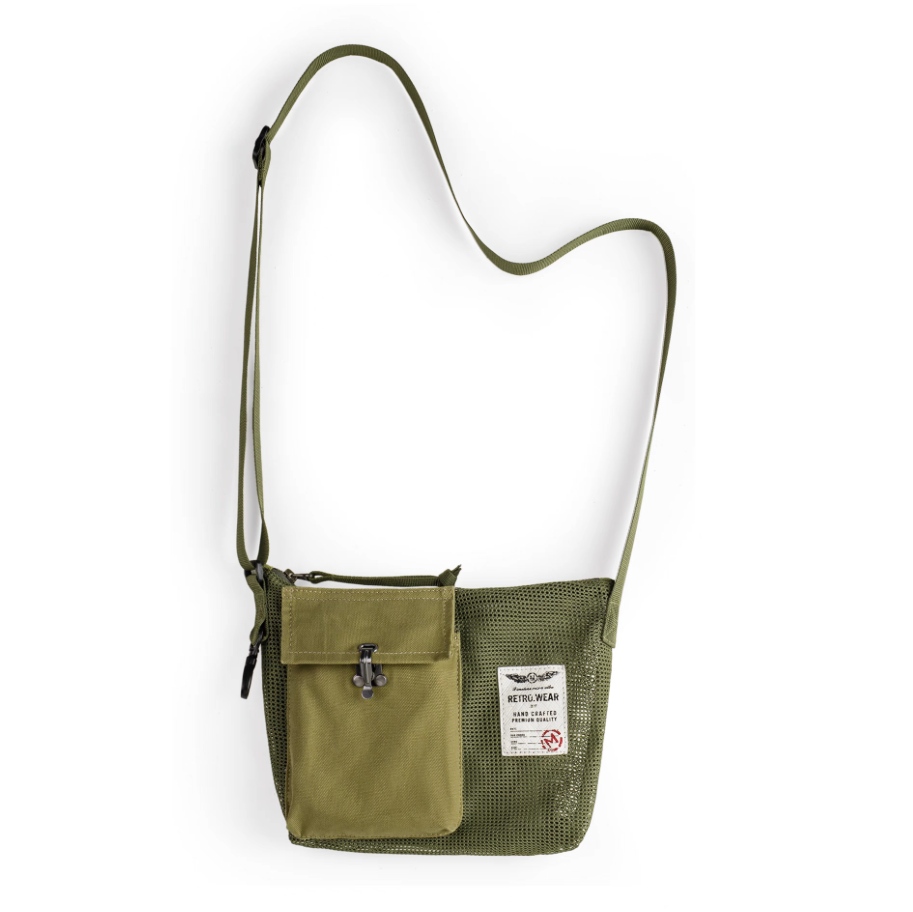 Front view of Army Green tactical mesh crossbody bag with metal hook flap pocket
