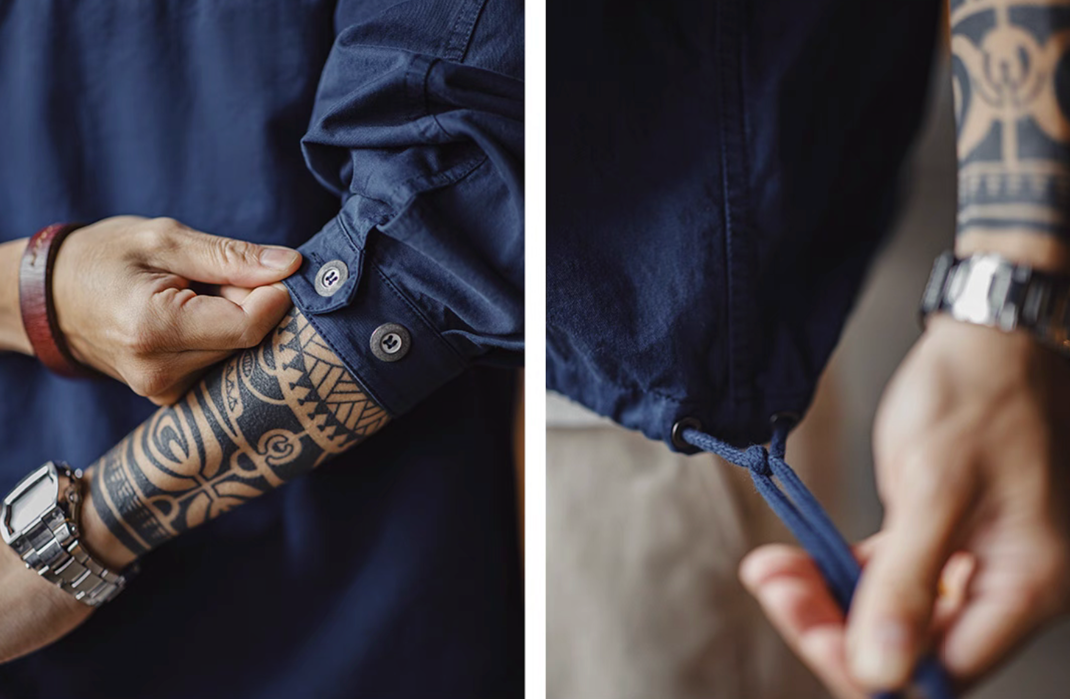 Close-up of button cuff and drawcord hem adjustment on navy anorak.