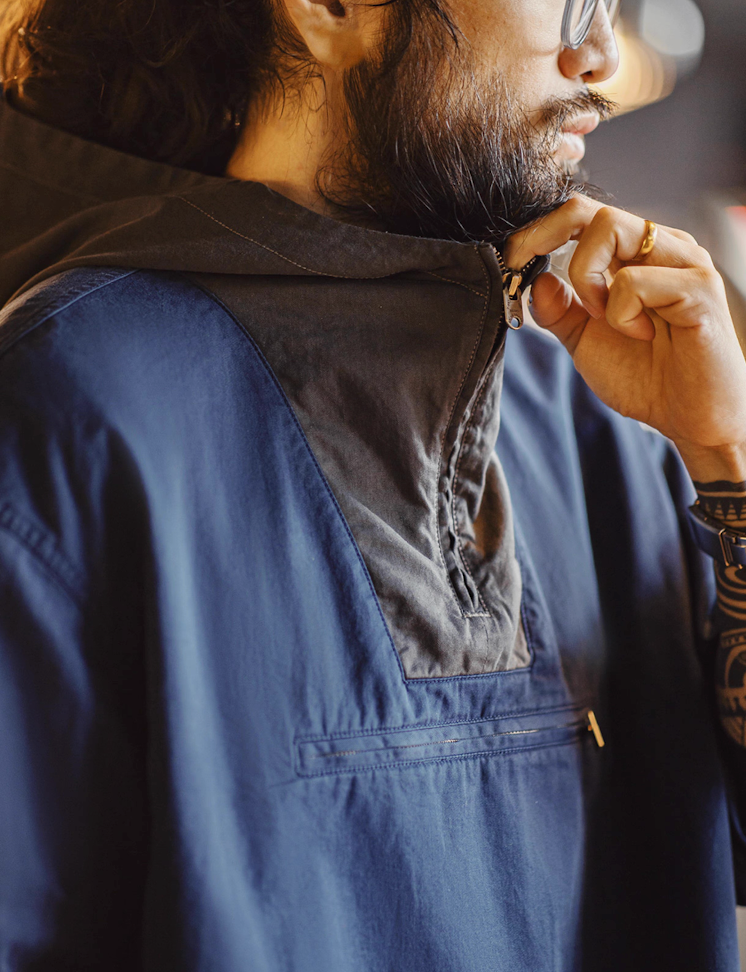 Close-up of half-zip collar and two-tone hood detail on cotton anorak.