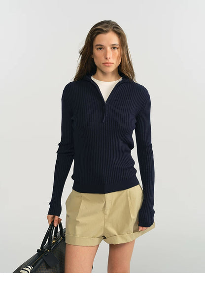 Navy ribbed half-zip hooded sweater, front view with bag
