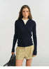 Navy ribbed half-zip hooded sweater, front view with bag
