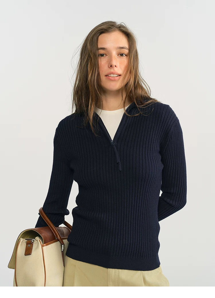 Close-up of navy ribbed half-zip hooded sweater collar and zip