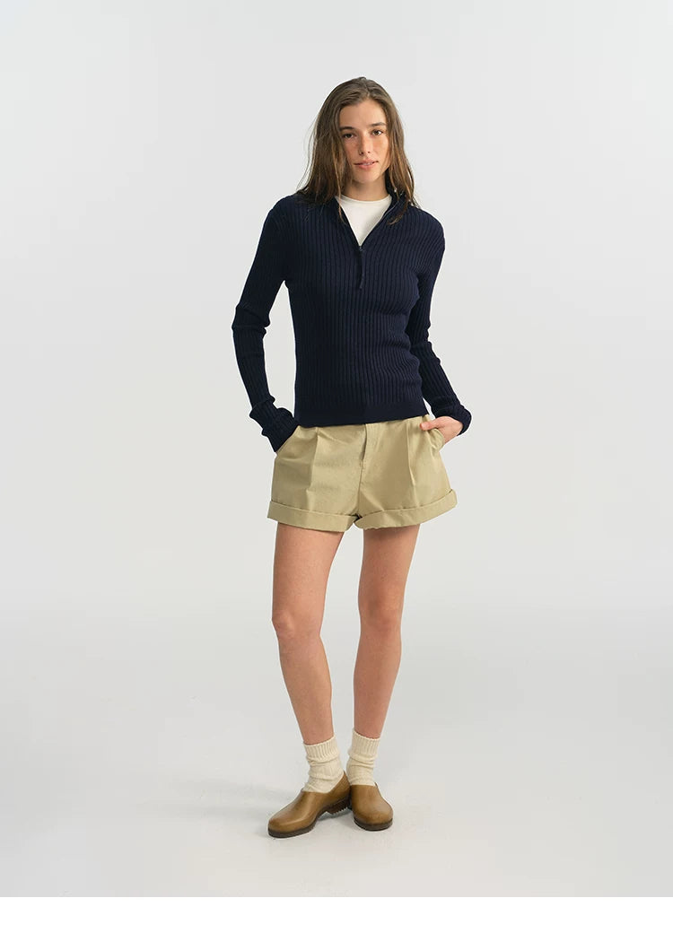 Navy ribbed half-zip hooded sweater, full body front view