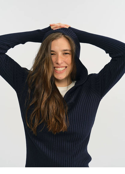 Navy ribbed half-zip hooded sweater worn with hood up