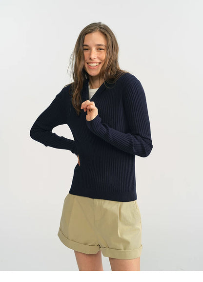 Navy ribbed half-zip hooded sweater, front view smiling