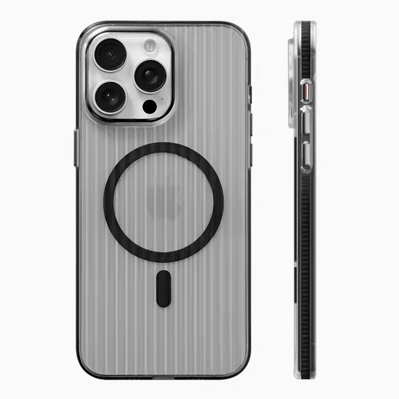 Black ribbed magnetic phone case with black MagSafe ring shown in front and side profile emphasizing durable edges and structure