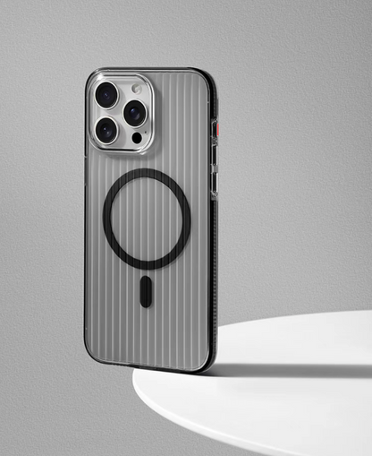 Black ribbed magnetic phone case positioned on display platform highlighting slim fit matte finish and protective bumper edges